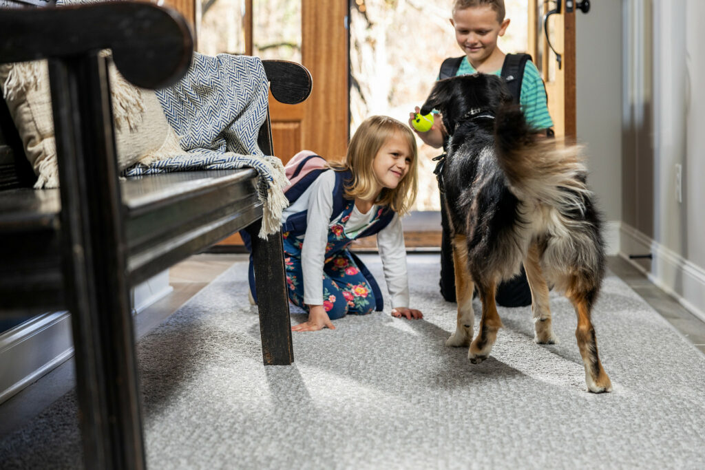 Kids playing with dog on carpet floor | Markville Carpet & Flooring
