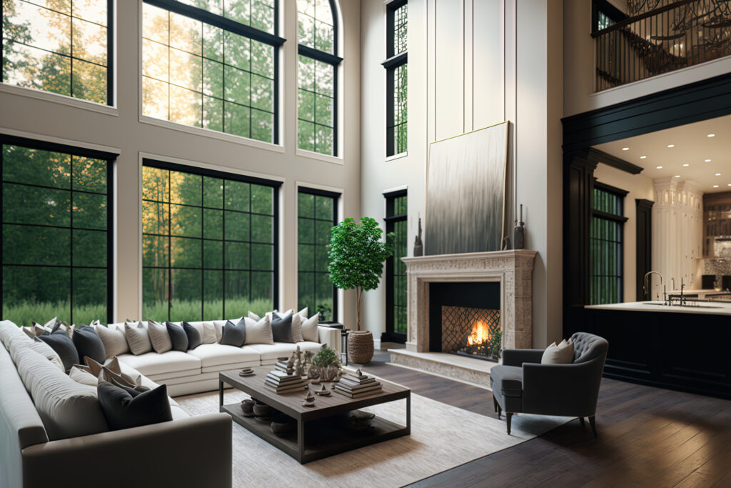 Luxury beautiful 20 feet high ceiling open space living room with dark brown laminate flooring leading in to the kitchen by Markville Flooring in Toronto and Markham Ontario.