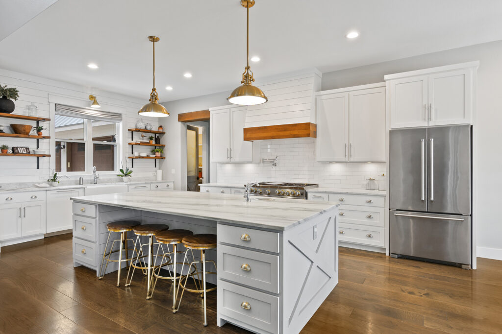 Luxury hardwood floors in a large kitchen with an island by Markville in Markham, ON & Toronto, Ontario.